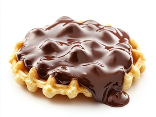 Delicious waffle topped with rich chocolate sauce on a clean white background in soft studio lighting