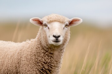 Obraz premium close-up of curious sheep looking directly at camera on sunny day at farm