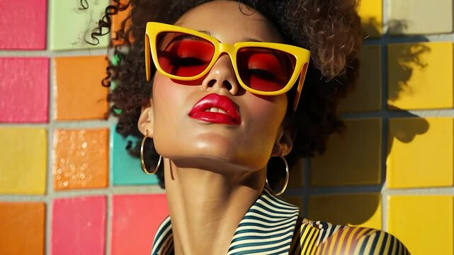 Woman in sunglasses against colorful wall.