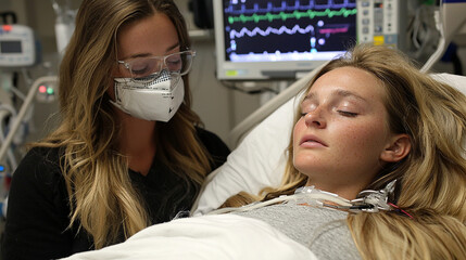 Woman monitors patient in hospital bed, with medical equipment visible behind her