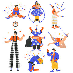 Circus Artist and Actor Man and Woman Character Performing on Stage Vector Set