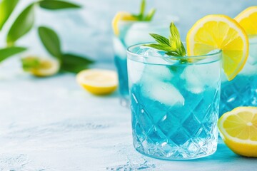 Fototapeta premium Refreshing crystal turquoise cocktails with lemon slices create a stylish summer vibe by the seaside