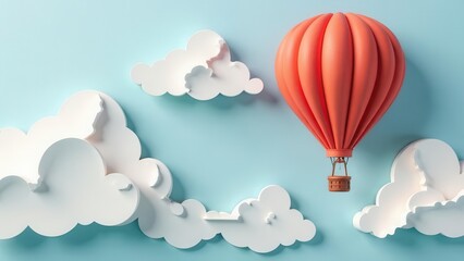 Obraz premium A vibrant hot air balloon hangs gracefully in a serene blue sky surrounded by fluffy white clouds. The cheerful scene evokes a sense of adventure and exploration.