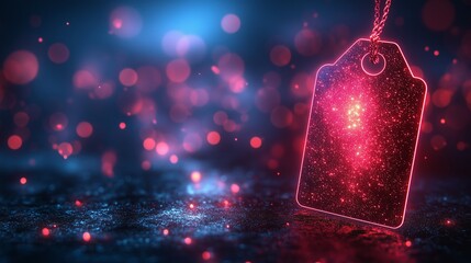 A neon price tag glows brightly, against the dark bokeh background. 3
