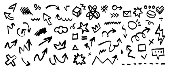 Vector cartoon abstract illustration of collection of various brush stroke element and icon on white background. Flat hand drawn sketch doodle style design of set of different line shape and arrow