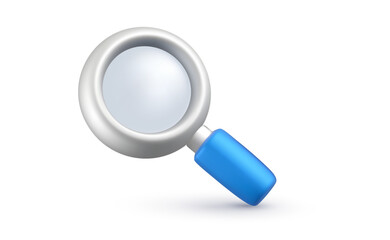 Vector realistic illustration of silver color magnifying glass icon. 3d cartoon style design of magnify loupe tool with transparent zoom lens for search and focus for detective and business banner