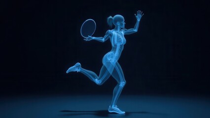 Obraz premium A striking depiction of a runner in a dynamic pose highlighting the skeletal anatomy and movement. The figure exhibits graceful athleticism against a dark background emphasizing form.