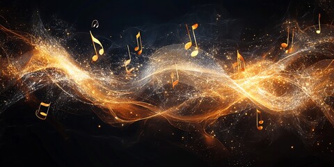 Golden musical notes dance in a cosmic swirl of light and energy, a vibrant symphony of sound visualized.