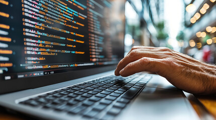 Person typing code on laptop in modern workspace during daytime
