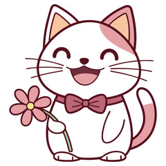 Cheerful Cartoon Cat with Bow Tie Holding Flower in