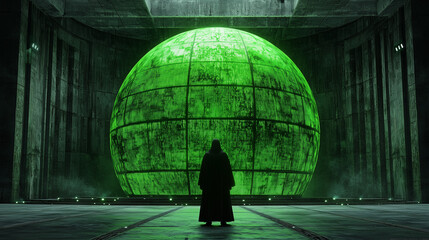 Hooded figure stands before a glowing green digital sphere in a dark sci-fi chamber, evoking mystery and futuristic power.