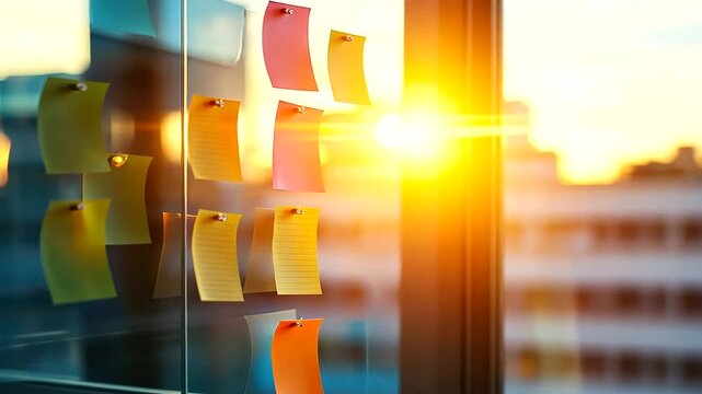 Diverse business team collaborates, jotting ideas on sticky notes on a glass wall.