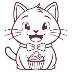 Cute Cartoon Cat with Bow Tie Holding Cupcake Outline