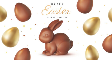Vector Happy Easter illustration with realistic chocolate rabbit and shine golden egg on white background. 3d cartoon style pattern design with golden egg and chocolate bunny for easter hunt banner