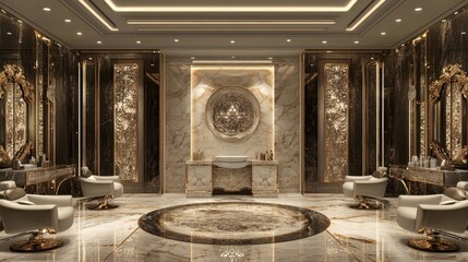 Fototapeta premium A luxurious beauty salon interior with elegant lighting, marble floors, and modern decor, featuring cozy styling chairs and gold-framed mirrors.