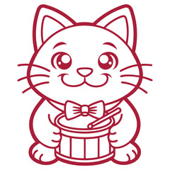 Line Art Cute Cat Drummer with Bowtie and Drum in Red on Transparent Background