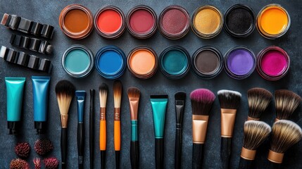 A top-down shot of a hairstylist's workstation with various hair color dye tubes, mixing bowls, and application brushes arranged neatly.