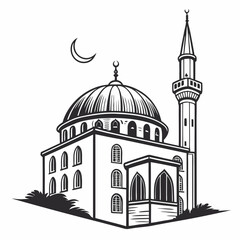 Mosque silhouette vector with dome and minaret, Islamic worship place icon