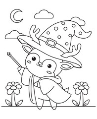 Coloring book deer wizard with a wand, hat, and robe, among flowers, clouds, and a crescent moon