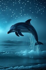 Fototapeta premium A dolphin leaps in a moonlit ocean, with thick fog and bright stars, a vivid night scene with low visibility.