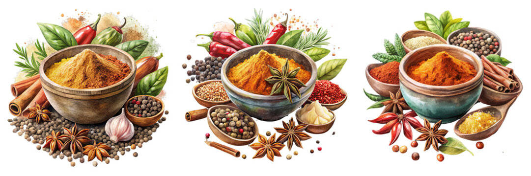 Triptych Watercolor Spices Composition Turmeric, Chili, and Herbs Isolated on Transparent Background, Spice Illustration, Food Photography, spices, watercolor, illustration