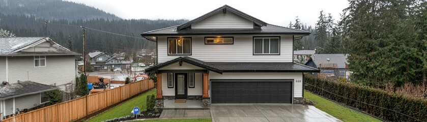 Modern house, mountain view, rainy day, real estate