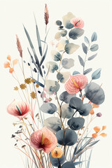 A Beautifully Arranged Watercolor Botanical Composition Featuring a Harmonious Mix of Delicate Tropical Leaves and Soft Florals