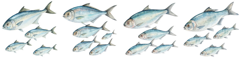 Fototapeta premium School of Pompano Fish, Watercolor Illustration, Isolated on Transparent Background, Aquatic Life, Marine Animals, Pompano, Watercolor, Illustration