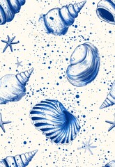 Blue seashells and starfish hand-drawn, forming seamless marine pattern suggesting coastal summer design aesthetic
