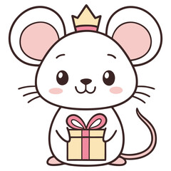 Cartoon mouse princess with crown and gift box on transparent background