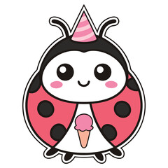 Cartoon Ladybug with Party Hat and Ice Cream, Sweet Design on White Background