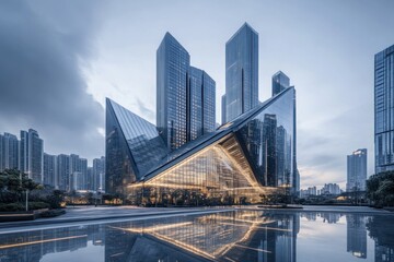 Naklejka premium Modern glass skyscrapers reflecting in water at dawn.