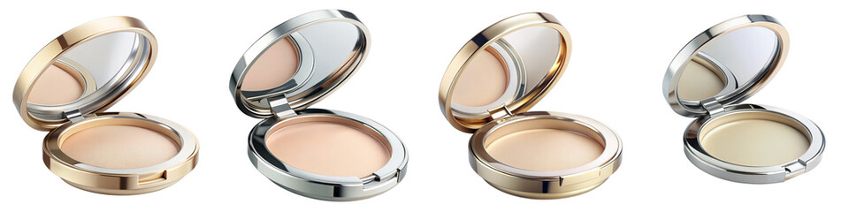 Four Pressed Powder Makeup Compact Set, Isolated on Transparent Background, 3D Rendering, Cosmetic Product Mockup, Cosmetics, Makeup, Powder