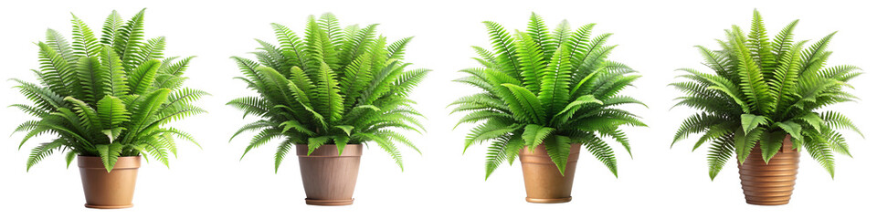 Four Realistic Ferns in Pots, Isolated on Transparent Background, 3D Render, Plant Decoration, Potted plant, fern, greenery