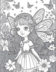 Fototapeta premium Enchanting Fairy Coloring Page with Butterflies and Flowers, Printable Design.