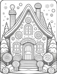 Fototapeta premium Festive Gingerbread House Coloring Page Snowflakes, Candy, Christmas and Winter Scene.