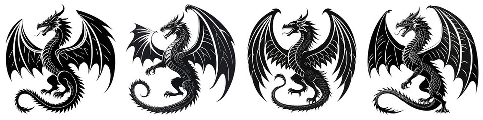 Fototapeta premium Four Black Glitter Dragons, Digital Art Composition, Isolated on Transparent Background, Fantasy, Silhouette, Dragon, Glitter, Fantasy Art