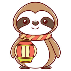 Cartoon Sloth Character Holding a Lantern with Transparent Background and Wearing a Scarf