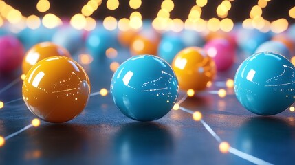 Naklejka premium Colorful Spheres Network - Abstract of vibrant spheres interconnected, symbolizing connection, communication, innovation, collaboration, and global network