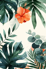 A Delicate and Minimalistic Watercolor Illustration of an Elegant Botanical Composition Featuring a Variety of Exotic Plants