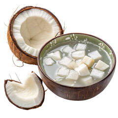 Coconut Water with Diced Coconut Meat in Bowl, Isolated on Transparent Background, Food Photography, Tropical Drink, Coconut, Drink, Dessert