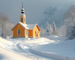 Charming yellow church surrounded by snow-covered landscape in winter