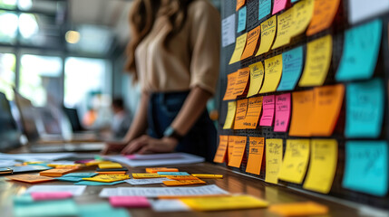 Collaborative brainstorming session at a modern workspace with colorful sticky notes and engaged participants