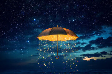 An umbrella made of stars, floating in the night sky with raindrops falling down on it. The background is dark blue, and there's an atmosphere full of magic
