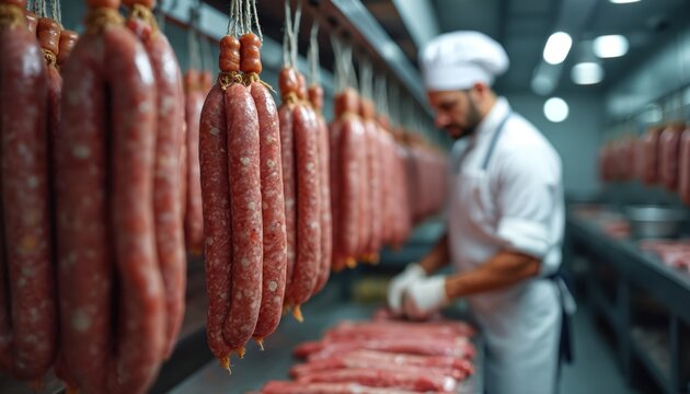 Butcher with sausages hanging in refrigerated room. Man in white uniform prepares fresh meat products. Food industry, small business. Production of homemade, tasty sausages. Meat delicatessen.
