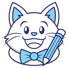 Cheerful White Cartoon Cat Mascot with Light Blue Bowtie Holding a Light Blue Pencil