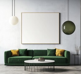 Green velvet sofa, coffee table, and large blank frame in modern living room.