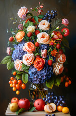 A Beautiful Full Composition is Created with Floral, Green Musk, and Fruits, Drawn in Pastel Tones with Colouring Pencils