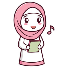 Cute Cartoon Muslim Girl with Pink Hijab Holding Book with Transparent Background