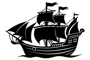 pirate ship black silhouette vector, Simple silhouette Design vector icon with white background.